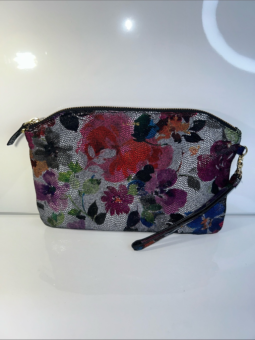 NWOT Lodis Brand Genuine Leather Colorful Floral Print Clutch Wristlet